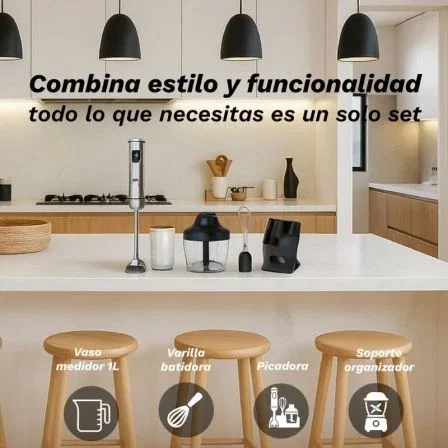 Grunkel Batidora de Mano BM-2000SET 2000W 0.8L con Vaso, Picadora, Varilla y Soporte